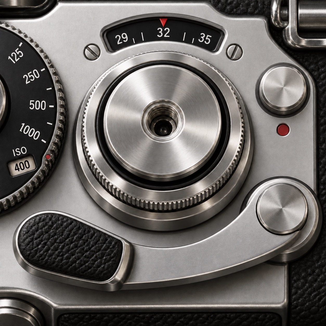 Mancam’s mechanical-camera-inspired design: finely machined silver controls, black leather and small red accents